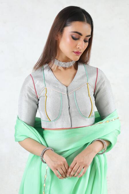 Saksham & Neharicka_Mint Silk Satin Gota Patti Green Organza Saree Set _at_Aza_Fashions