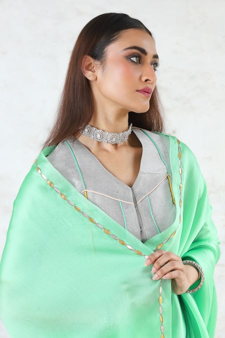 Buy_Saksham & Neharicka_Mint Silk Satin Gota Patti Green Organza Saree Set 