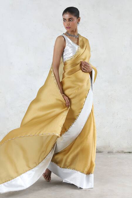 Shop Saksham & Neharicka Yellow Silk Satin, Organza Gota Patti, Embroidery Indrani Saree Online at Aza Fashions Shop_Saksham & Neharicka_Yellow Silk Satin, Organza Gota Patti, Embroidery Indrani Saree _Online_at_Aza_Fashions