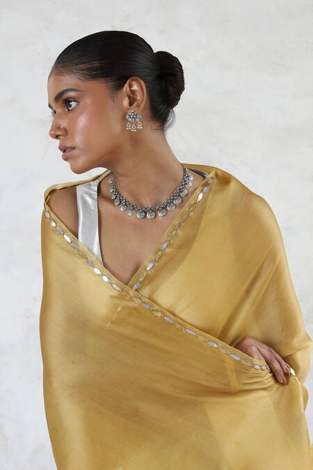 Saksham & Neharicka Yellow Silk Satin, Organza Gota Patti, Embroidery Indrani Saree at Aza Fashions Saksham & Neharicka_Yellow Silk Satin, Organza Gota Patti, Embroidery Indrani Saree _at_Aza_Fashions