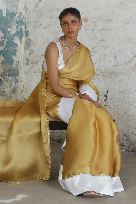 Buy Saksham & Neharicka Yellow Silk Satin, Organza Gota Patti, Embroidery Indrani Saree Buy_Saksham & Neharicka_Yellow Silk Satin, Organza Gota Patti, Embroidery Indrani Saree