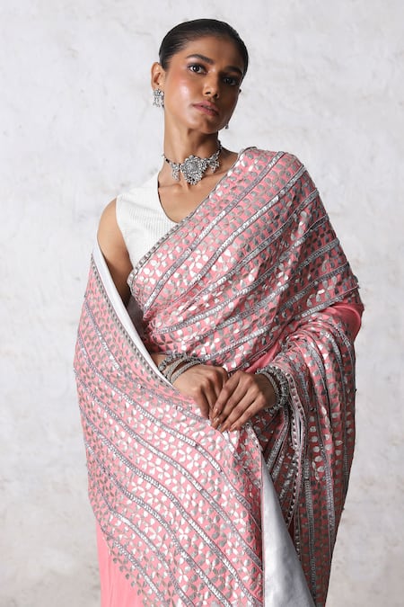 Shop Saksham & Neharicka Pink Silk, Cotton Embroidery, Gota Patti Bengal Saree Online at Aza Fashions Shop_Saksham & Neharicka_Pink Silk, Cotton Embroidery, Gota Patti Bengal Saree _Online_at_Aza_Fashions