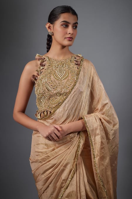 Payal Singhal_Pink Tissue Beads, Tassels Round Neck Embroidered Fabric Saree And Choli Set _Online_at_Aza_Fashions