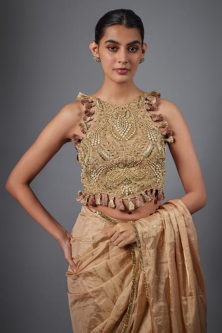 Buy_Payal Singhal_Pink Tissue Beads, Tassels Round Neck Embroidered Fabric Saree And Choli Set _Online_at_Aza_Fashions