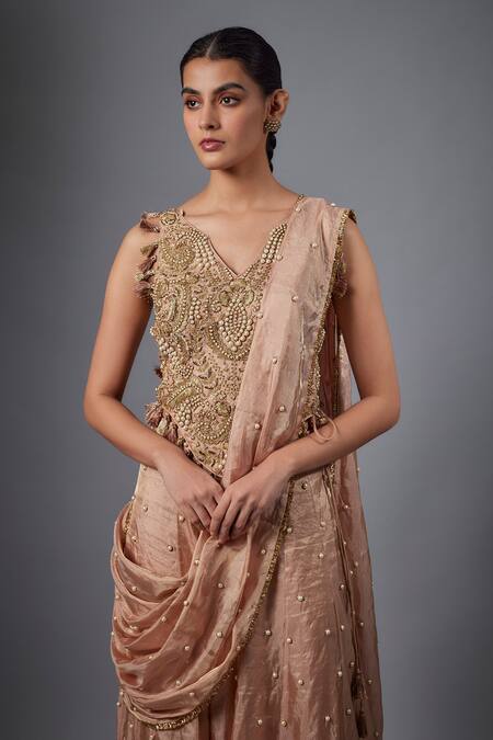 Payal Singhal_Blush Tissue Sequins, Beads V-neck Embroidered Dull Rose Choli And Sharara Set _Online_at_Aza_Fashions