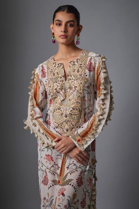 Payal Singhal_Cream Crepe Tassels, Embroidery Split V-neck Yoke Beyza Kaftan _Online_at_Aza_Fashions