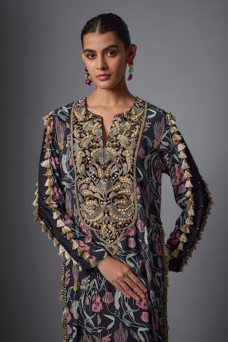 Payal Singhal_Black Crepe Embroidery, Tassels Split V-neck Yoke Beyza Kaftan _Online_at_Aza_Fashions
