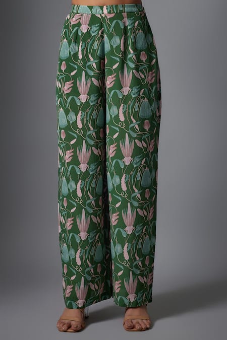 Payal Singhal_Green Crepe, Organza Embroidery, Mirrors Split V-neck Island Print Kurta Set _Online_at_Aza_Fashions