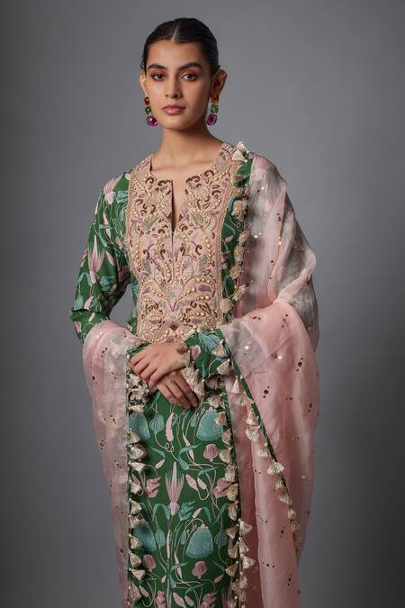 Buy_Payal Singhal_Green Crepe, Organza Embroidery, Mirrors Split V-neck Island Print Kurta Set _Online_at_Aza_Fashions