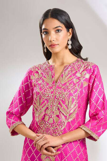 Shop_Payal Singhal_Pink Organza Embroidery Split V-neck Hot Kurta Set _Online_at_Aza_Fashions