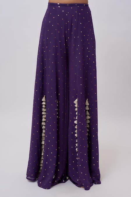Payal Singhal_Purple Georgette Tassels Round Neck Embroidered Choli And Sharara Set _Online_at_Aza_Fashions