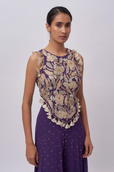 Buy_Payal Singhal_Purple Georgette Tassels Round Neck Embroidered Choli And Sharara Set _Online_at_Aza_Fashions