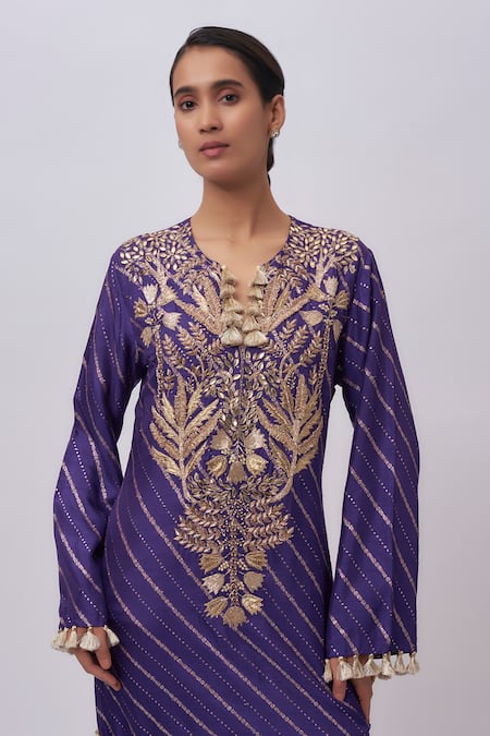 Payal Singhal_Purple Tassels Round Neck Embroidered Dola Silk Kaftan _Online_at_Aza_Fashions