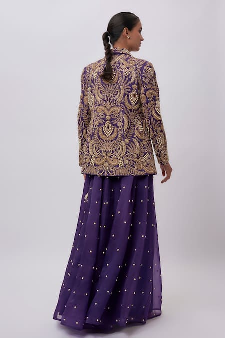 Shop_Payal Singhal_Purple Organza Embroidery, Sequins Round Neck Blazer And Sharara Set _at_Aza_Fashions