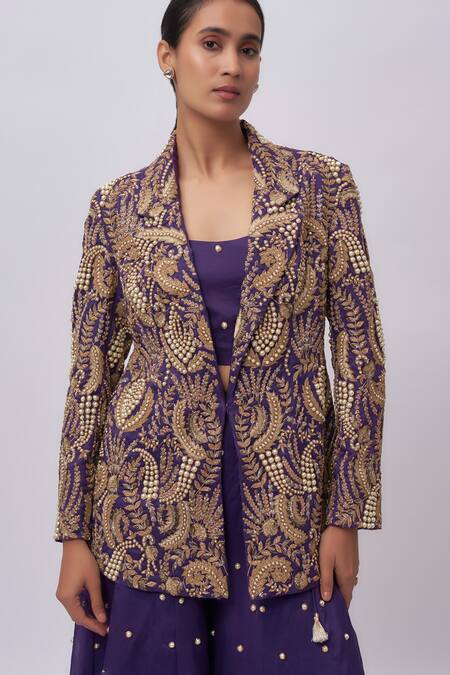 Buy_Payal Singhal_Purple Organza Embroidery, Sequins Round Neck Blazer And Sharara Set _Online_at_Aza_Fashions