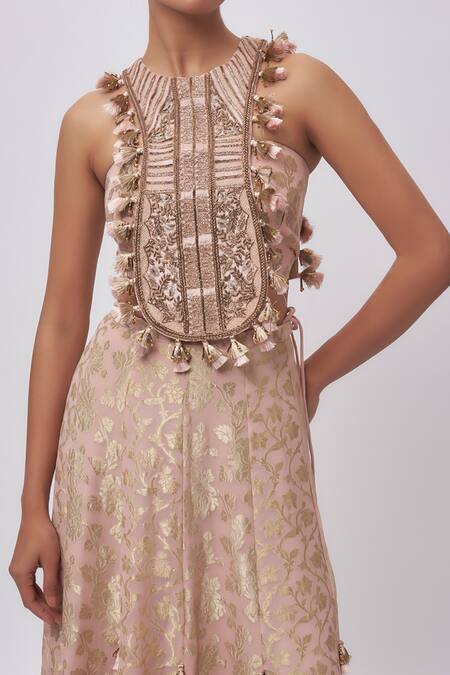 Buy Payal Singhal Blush Brocade, Silk, Velvet Tassels Round Neck Embroidered Kurta Set Online at Aza Fashions Buy_Payal Singhal_Blush Brocade, Silk, Velvet Tassels Round Neck Embroidered Kurta Set _Online_at_Aza_Fashions