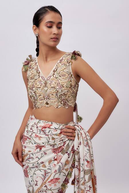 Buy_Payal Singhal_Cream Georgette, Crepe Tassels, Sequins, Choli And Printed Pre-stitched Saree _Online_at_Aza_Fashions