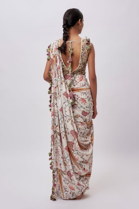 Shop_Payal Singhal_Cream Georgette, Crepe Tassels, Sequins, Choli And Printed Pre-stitched Saree _at_Aza_Fashions