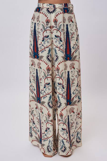 Payal Singhal_Cream Crepe, Organza Embroidery V-neck Blue Forest Whisper Print Kurta Set _Online_at_Aza_Fashions