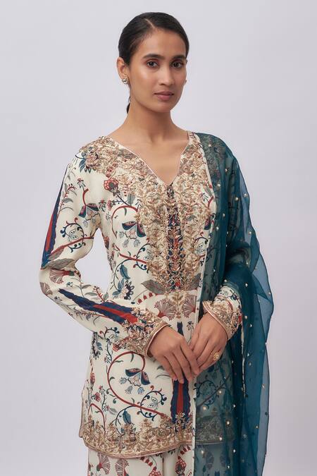 Buy_Payal Singhal_Cream Crepe, Organza Embroidery V-neck Blue Forest Whisper Print Kurta Set _Online_at_Aza_Fashions