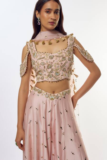 Buy_Payal Singhal_Pink Georgette Tassels, Embroidery Square Neck Choli And Sharara Set _Online_at_Aza_Fashions