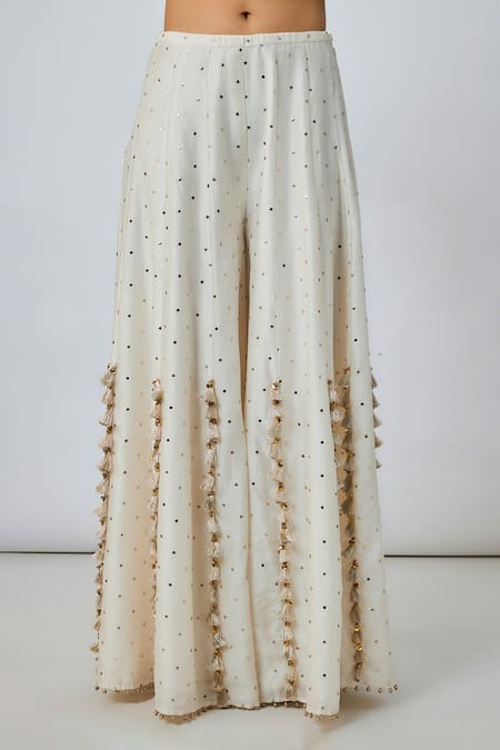 Payal Singhal_Off White Mirrors, Tassels Round Neck Embroidered Kurta And Sharara Set _Online_at_Aza_Fashions