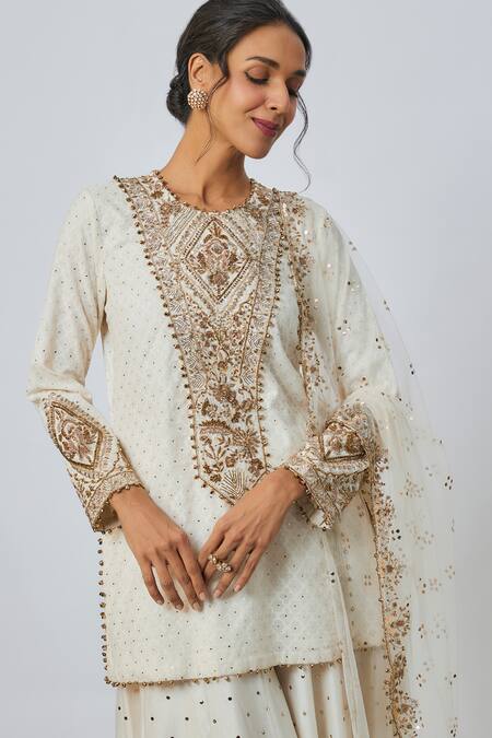 Buy_Payal Singhal_Off White Mirrors, Tassels Round Neck Embroidered Kurta And Sharara Set _Online_at_Aza_Fashions