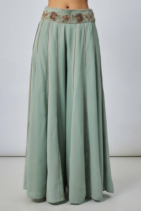 Payal Singhal_Green Velvet, Organza, Georgette Embroidery V-neck High Low Choli And Sharara Set _Online_at_Aza_Fashions