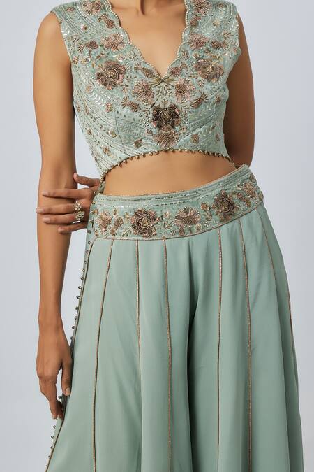 Buy_Payal Singhal_Green Velvet, Organza, Georgette Embroidery V-neck High Low Choli And Sharara Set _Online_at_Aza_Fashions