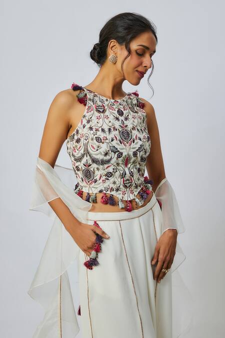 Payal Singhal_Off White Georgette Tassels Round Neck Embroidered Choli And Pant Set _Online_at_Aza_Fashions