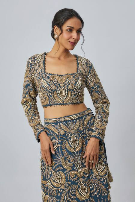 Payal Singhal_Navy Georgette Embroidery Square Neck Blue Choli And Skirt Set _Online_at_Aza_Fashions