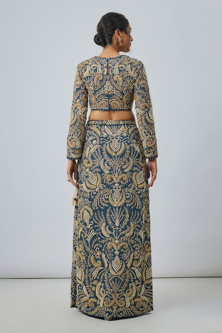 Payal Singhal Navy Blue Embroidered Choli & Skirt Set 