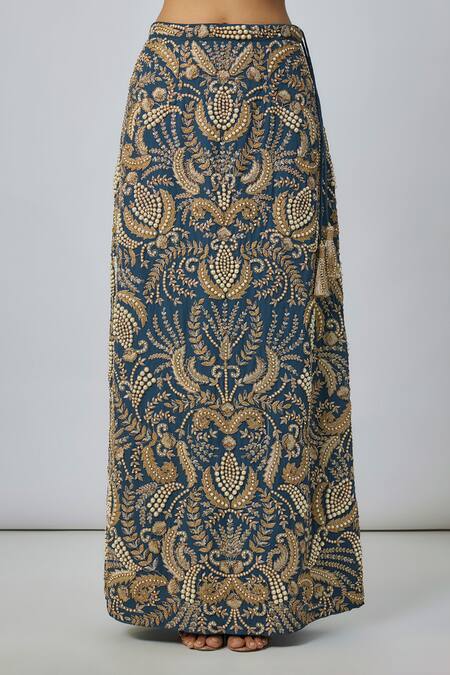 Buy_Payal Singhal_Navy Georgette Embroidery Square Neck Blue Choli And Skirt Set _Online_at_Aza_Fashions