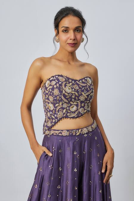 Payal Singhal_Purple Georgette Embroidery, Tassels Sweetheart Neck Choli And Sharara Set _Online_at_Aza_Fashions