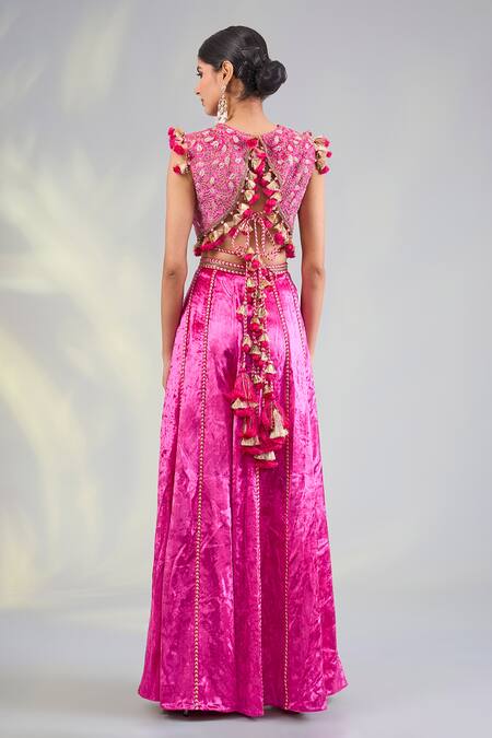 Shop Payal Singhal Pink Velvet Tassels, Embroidery Round Neck Hot Choli And Sharara Set at Aza Fashions Shop_Payal Singhal_Pink Velvet Tassels, Embroidery Round Neck Hot Choli And Sharara Set_at_Aza_Fashions