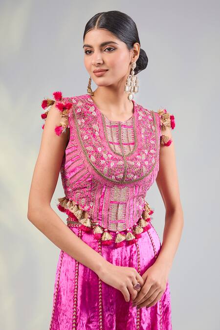 Payal Singhal Pink Velvet Tassels, Embroidery Round Neck Hot Choli And Sharara Set Online at Aza Fashions Payal Singhal_Pink Velvet Tassels, Embroidery Round Neck Hot Choli And Sharara Set_Online_at_Aza_Fashions