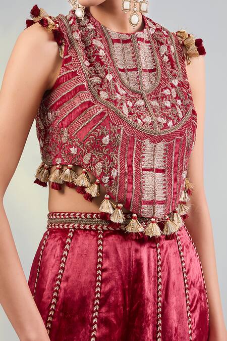 Buy_Payal Singhal_Red Velvet Tassels, Embroidery Round Neck Dark Choli And Sharara Set _Online_at_Aza_Fashions