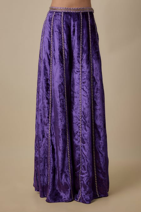 Payal Singhal_Purple Velvet Tassels, Embroidery Round Neck Choli And Sharara Pant Set _Online_at_Aza_Fashions