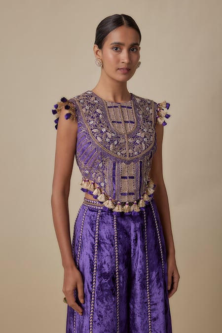 Buy_Payal Singhal_Purple Velvet Tassels, Embroidery Round Neck Choli And Sharara Pant Set _Online_at_Aza_Fashions