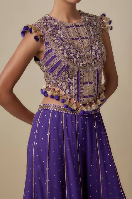 Buy_Payal Singhal_Purple Georgette Tassels, Mirrors Round Neck Embroidered Choli And Sharara Set _Online_at_Aza_Fashions