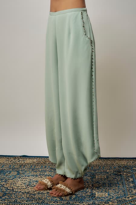 Payal Singhal_Aqua Crepe, Georgette Embroidery V-neck Yoke Kaftan Set _Online_at_Aza_Fashions