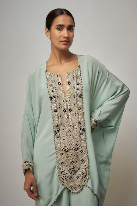 Buy_Payal Singhal_Aqua Crepe, Georgette Embroidery V-neck Yoke Kaftan Set _Online_at_Aza_Fashions
