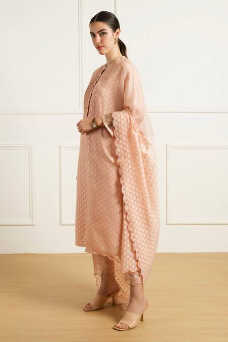 Buy_Arcvsh By Pallavi Singh_Rose Gold Brocade, Silk, Chanderi Embroidery Collared Tunic And Pants _Online_at_Aza_Fashions