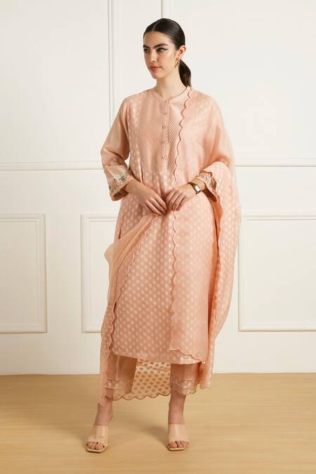 Shop_Arcvsh By Pallavi Singh_Rose Gold Brocade, Silk, Chanderi Embroidery Collared Tunic And Pants _Online_at_Aza_Fashions