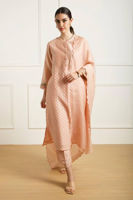Arcvsh By Pallavi Singh_Rose Gold Brocade, Silk, Chanderi Embroidery Collared Tunic And Pants _at_Aza_Fashions