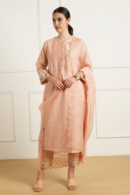 Arcvsh By Pallavi Singh Rose Gold Brocade, Silk, Chanderi, Organza Embroidery Collared Kurta Set at Aza Fashions Arcvsh By Pallavi Singh_Rose Gold Brocade, Silk, Chanderi, Organza Embroidery Collared Kurta Set _at_Aza_Fashions