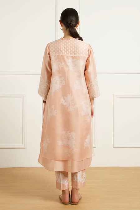 Shop Arcvsh By Pallavi Singh Rose Gold Silk, Brocade Embroidery Collared Double Layer Kurta Set at Aza Fashions Shop_Arcvsh By Pallavi Singh_Rose Gold Silk, Brocade Embroidery Collared Double Layer Kurta Set _at_Aza_Fashions