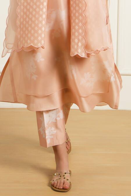 Arcvsh By Pallavi Singh_Rose Gold Silk, Brocade, Chanderi, Organza Embroidery Double Layer Tunic Set _Online_at_Aza_Fashions