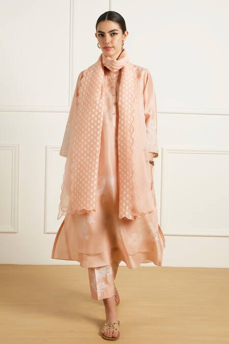 Buy_Arcvsh By Pallavi Singh_Rose Gold Silk, Brocade, Chanderi, Organza Embroidery Double Layer Tunic Set _Online_at_Aza_Fashions