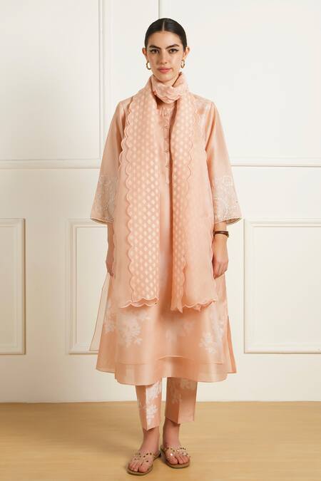 Buy_Arcvsh By Pallavi Singh_Rose Gold Silk, Brocade, Chanderi, Organza Embroidery Double Layer Tunic Set 